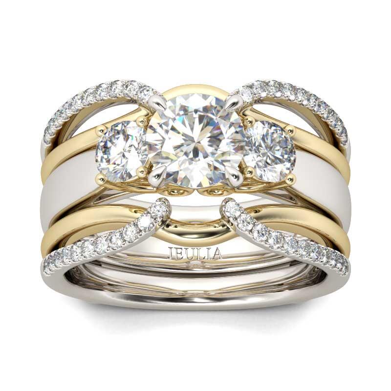 Jeulia Two Tone Three Stone Round Cut Sterling Silver Ring Set