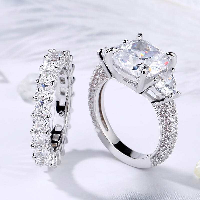 Jeulia Three Stone Cushion Cut Sterling Silver Ring Set