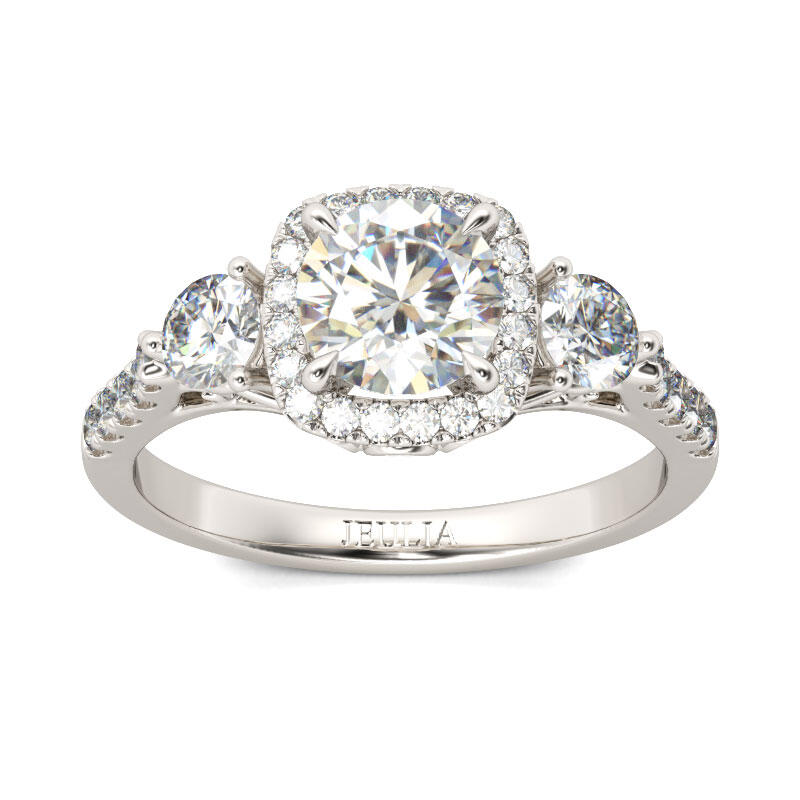 Jeulia Three Stone Halo Round Cut Sterling Silver Ring