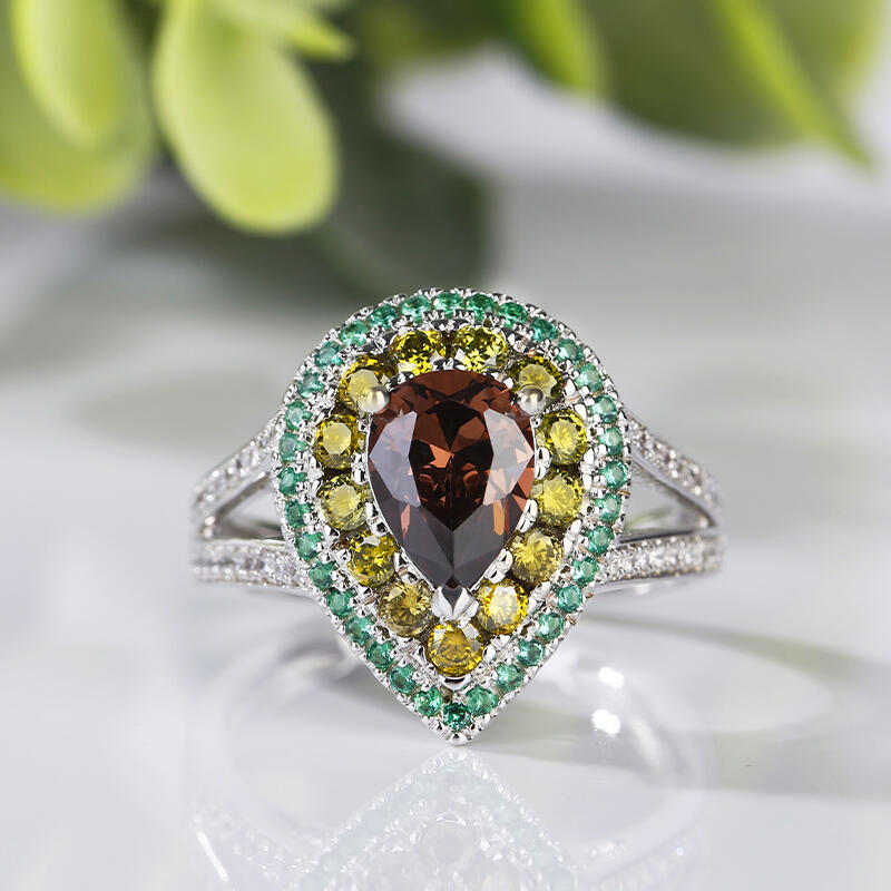 Jeulia Avocado Design Double Halo Pear Cut Sterling Silver Ring