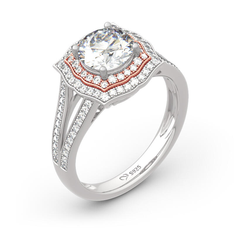 Jeulia Anillo de plata esterlina con halo redondo de dos tonos