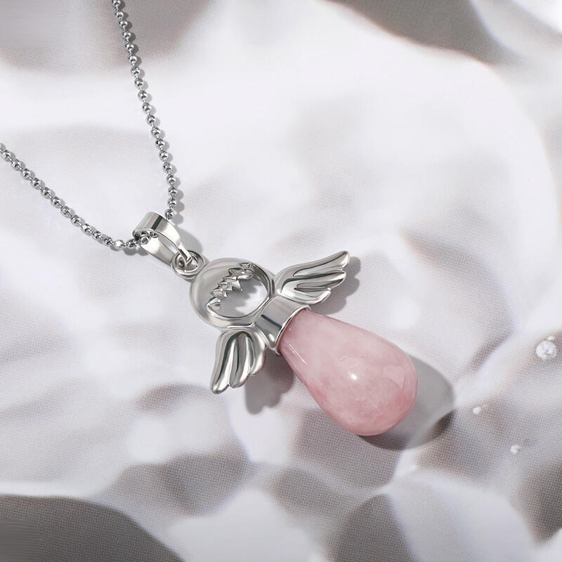 Jeulia "Loving Support" Angel Wings Natural Rose Quartz Necklace
