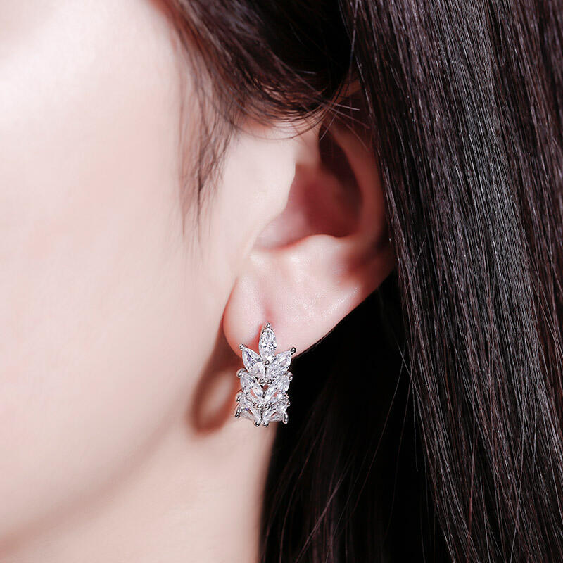 Jeulia Leaf Design Marquise Cut Sterling Silver Hoop Earrings