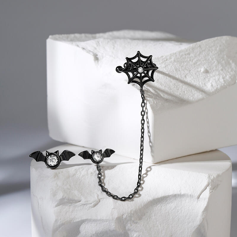 Jeulia "Black Tale" Bat & Spider Web Mismatched Sterling Silver Earrings