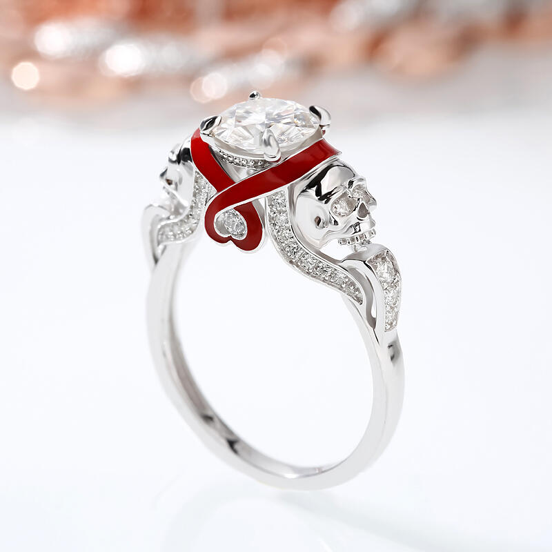 Jeulia 10K/14K/18K Gold Platinum Round Cut Heart Design Enamel Two Skull Ring