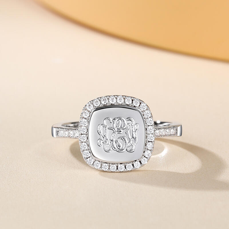 Jeulia Halo Square Monogram Personalized Sterling Silver Ring