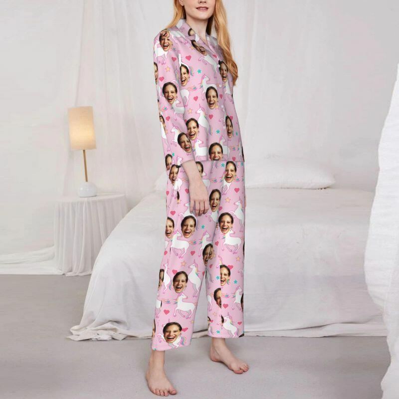 Gepersonaliseerde pyjama aangepaste foto regenboog eenhoorn roze patroon ontwerp schattig cadeau voor haar