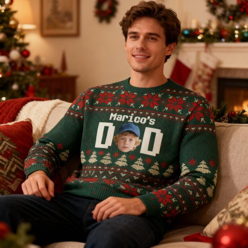 Personlig ful tröja unisex med anpassat huvudfoto och festivalmönster Design Julklapp till pappa Familj