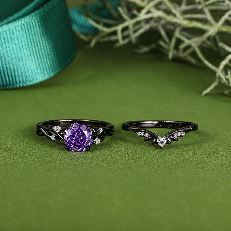 Jeulia Black Thorn Purple Rose Cut Ring Set Sterling Silver