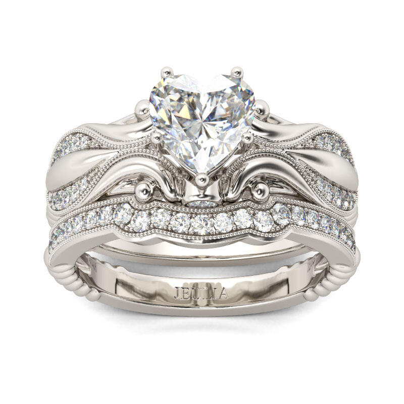 Jeulia Vintage Milgrain Heart Cut Sterling Silver Ring Set