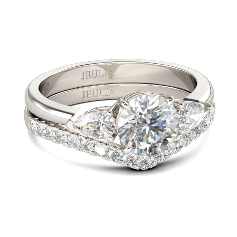 Jeulia Three Stone Round Cut Sterling Silver Ring Set