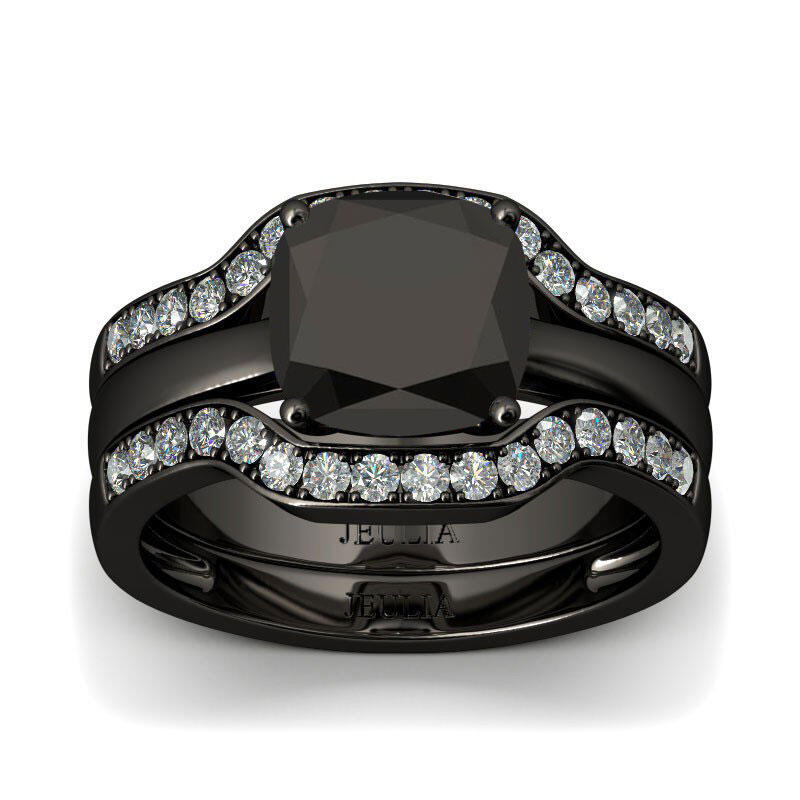 Jeulia Terno De Anillos Con Tono Negro De Talla Cojín En Plata De Ley