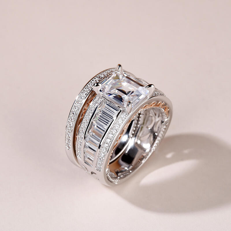 Jeulia Emerald Cut Sterling Silver Ring Set