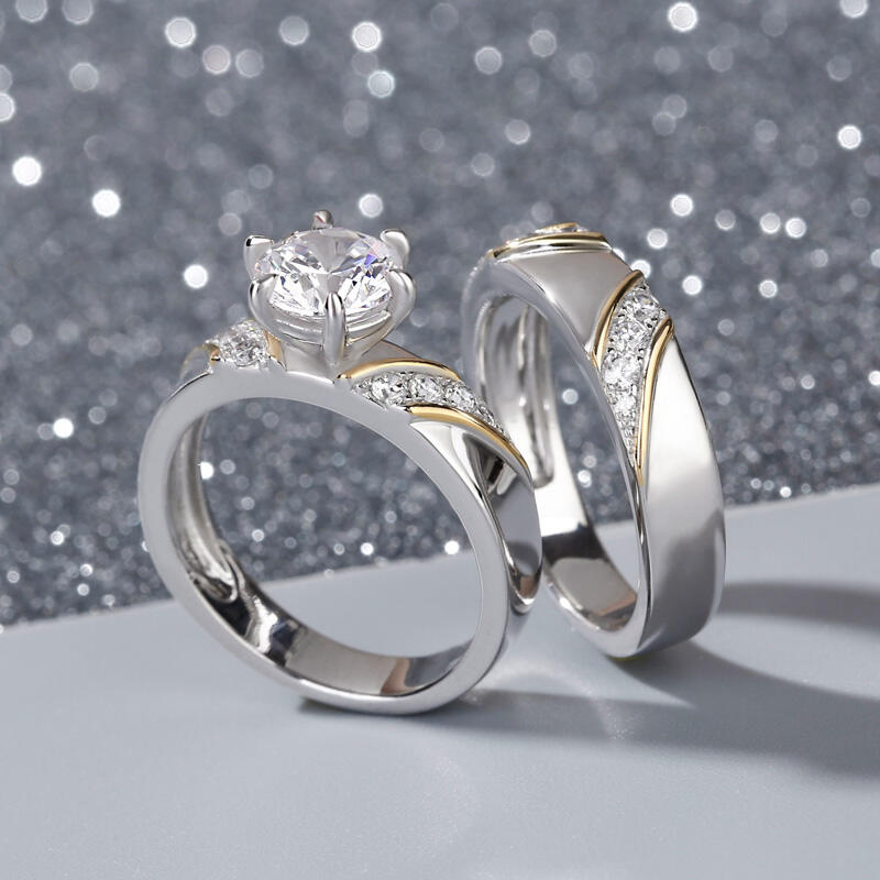 Jeulia Two Tone Round Cut Sterling Silver Ring Set