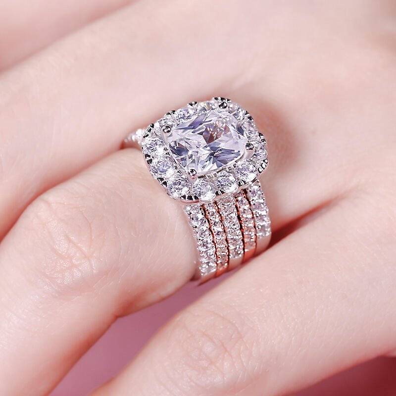 Jeulia Two Tone Halo Sterling Silver Ring Set