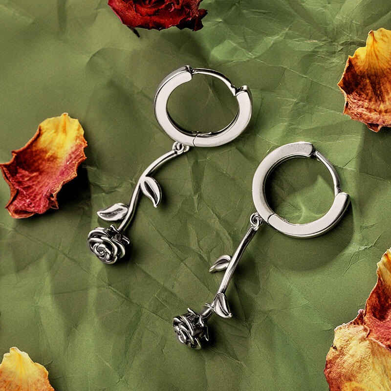 Jeulia "Dangle Rose" Flower Sterling Silver Earrings