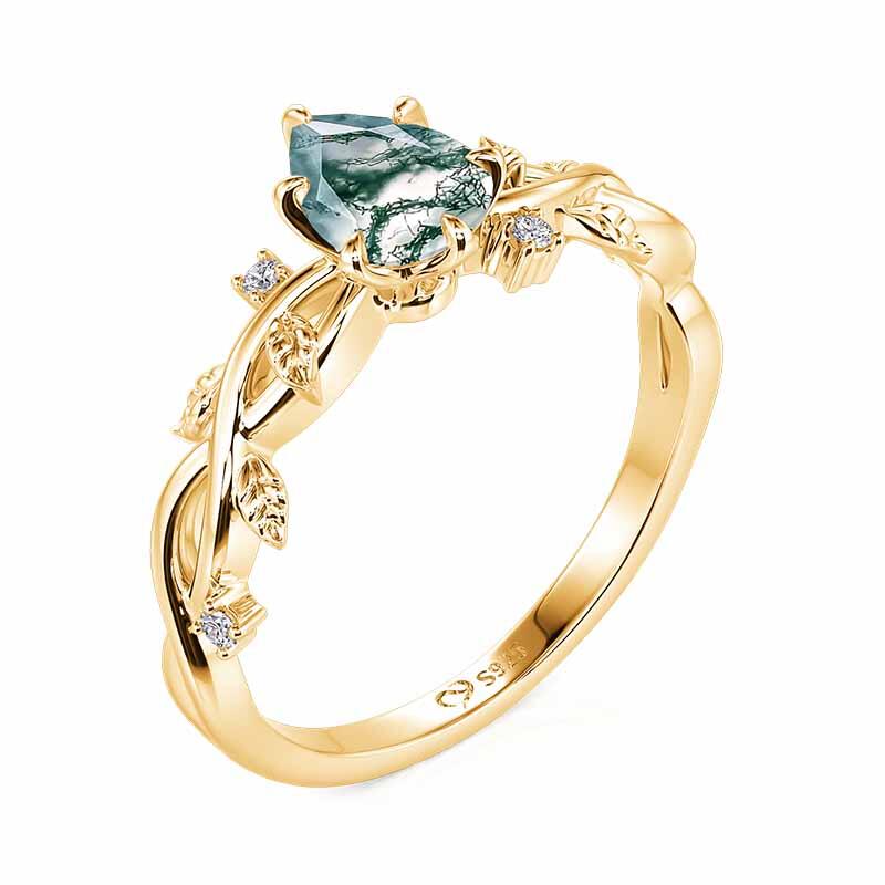 Jeulia Gold Pear Cut Moss Agate Engagement Ring with Vine Leaf