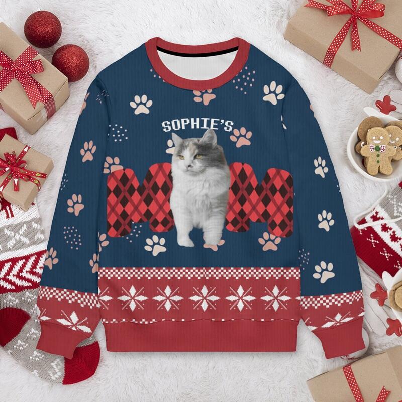 Personalized Ugly Sweater Unisex Pet's Mom Custom Photo Pawprints Design Cute Christmas Gift for Pet Lovers