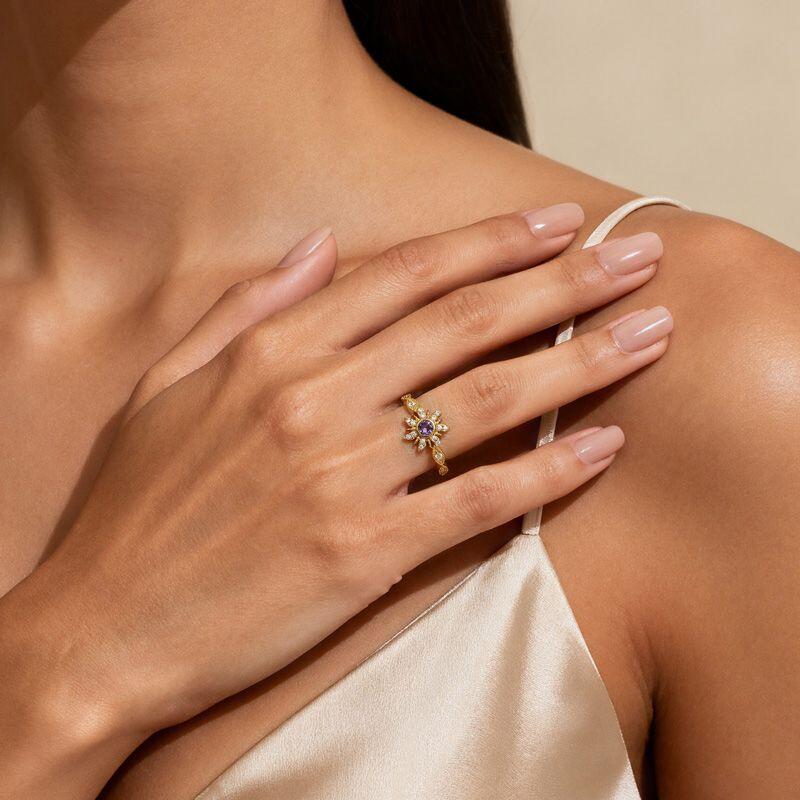 Golden Flower Beaded Edge Ring Sterling Silver