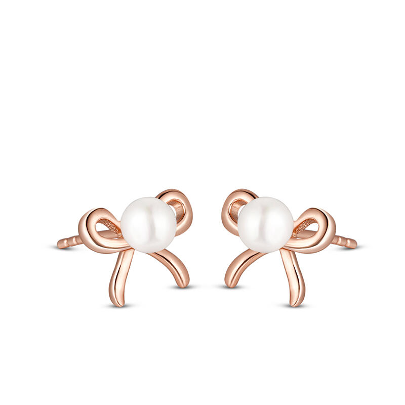 Jeulia "Ribbon Bow" Cultured Pearl Sterling Silver Children's Earrings