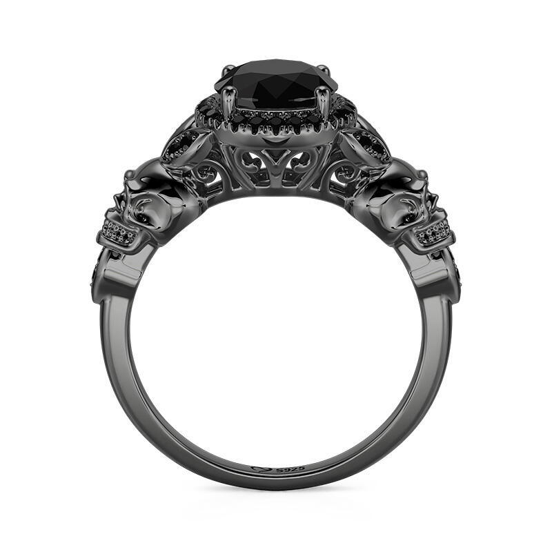 Jeulia Gothic Halo Round Cut Black Skull Ring Sterling Silver