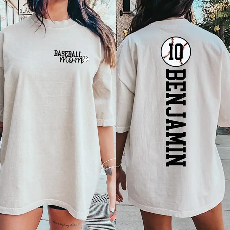 Personalized Washed T-shirt Baseball Mom with Kids Name Jersey Number Gift For Baseball Lovers