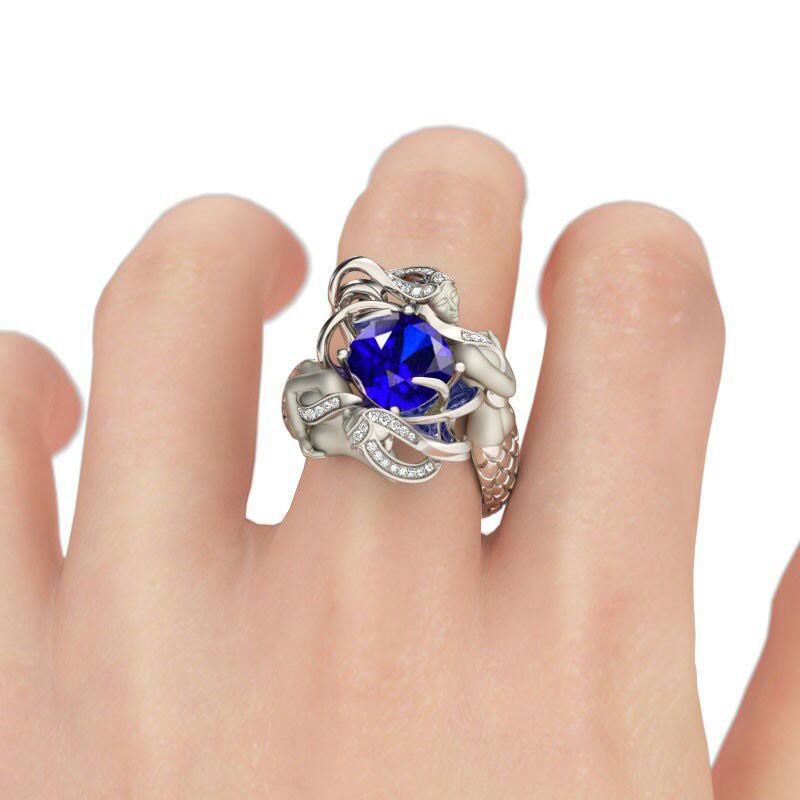 Jeulia Dark Blue Cushion Cut Sterling Silver Mermaid Ring