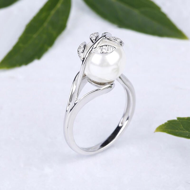 Jeulia Leaf Design Faux Pearl Sterling Silver Ring