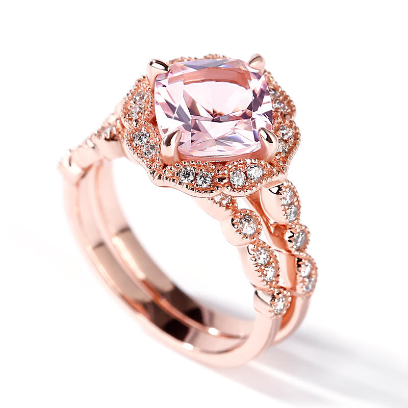 Jeulia Floral Halo Cushion Cut Synthetic Morganite Sterling Silver Ring Set