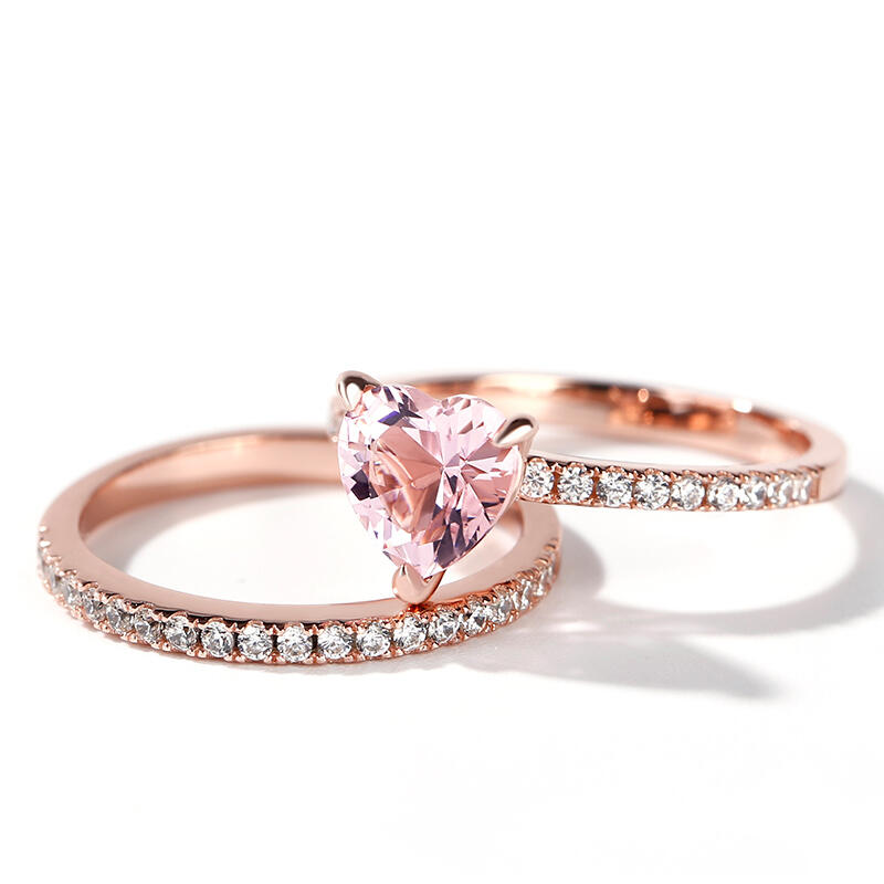 Jeulia Pink Heart Cut Synthetic Morganite Sterling Silver Ring Set