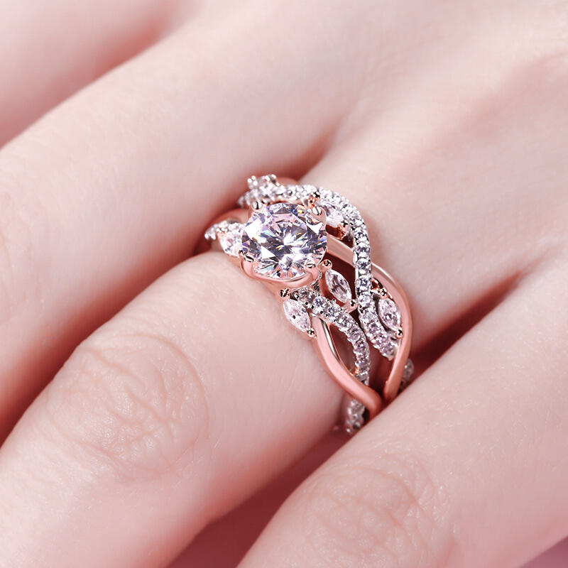 Jeulia Conjunto De Anillo De Plata Esterlina Con Corte Redondo Bicolor Torceido