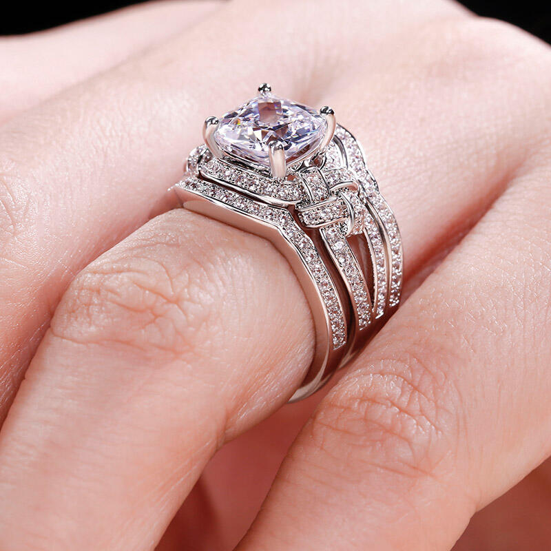 Jeulia 3PC Knot Design Cushion Cut Sterling Silver Ring