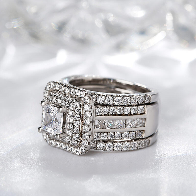 Jeulia Three Halo Princess Cut Sterling Silver Enhancer Ring Set