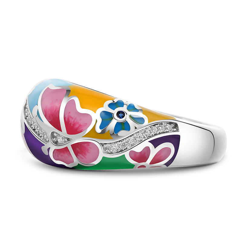 Jeulia Anillo de mariposa y flor esmalte de plata esterlina de las mujeres