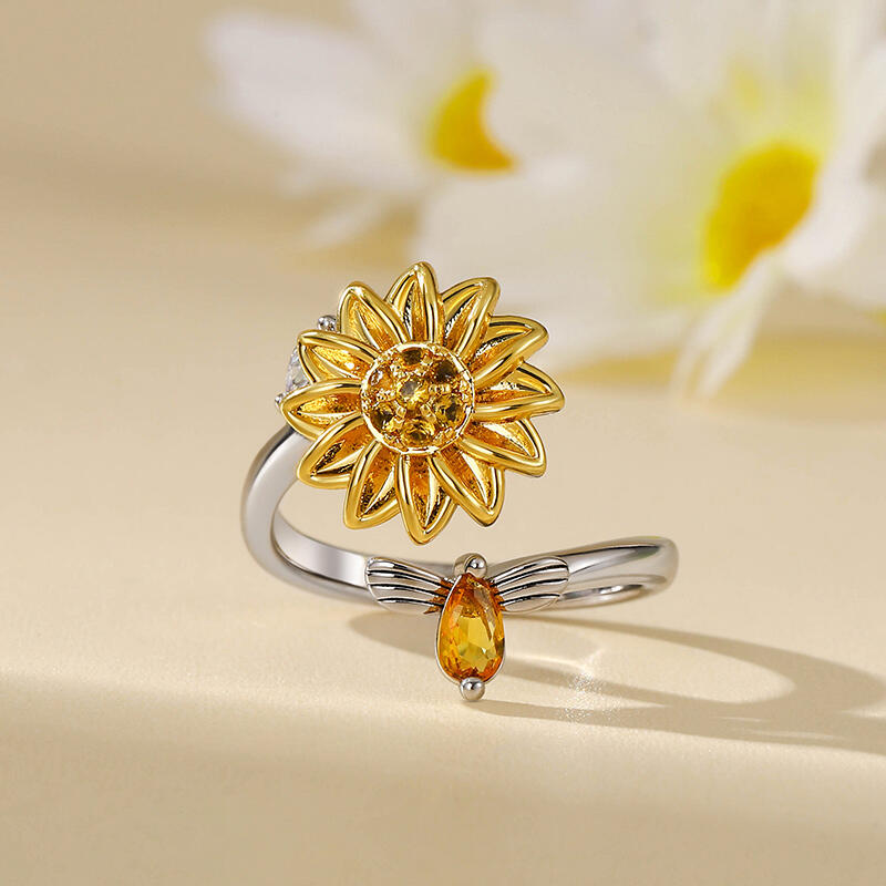 Jeulia "Rhythm of Life" Bee&Sunflower Sterling Silver Rotating Soothe Ring