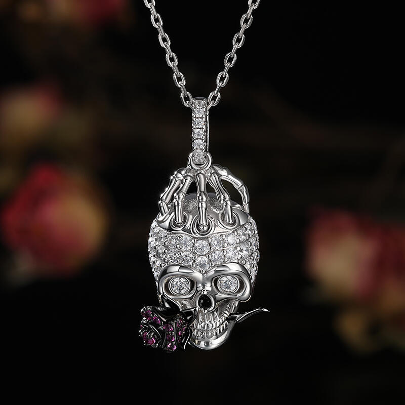Jeulia "Forever Romance" Skull and Rose Flower Sterling Silver Necklace