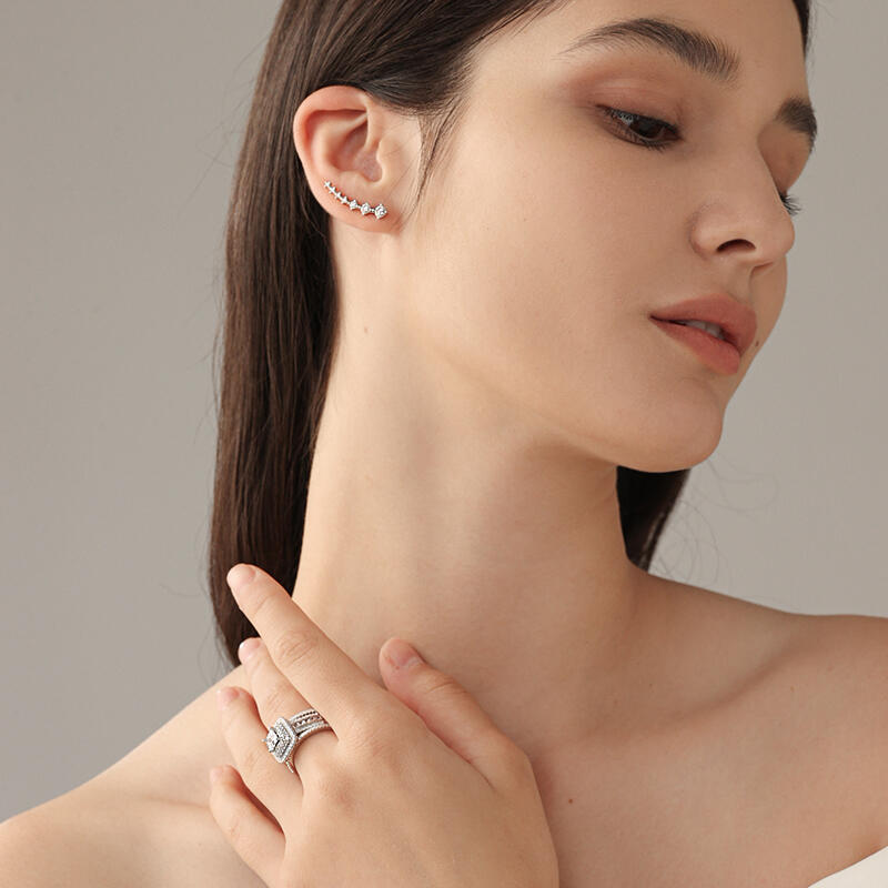 Jeulia Three Halo Princess Cut Sterling Silver Enhancer Ring Set