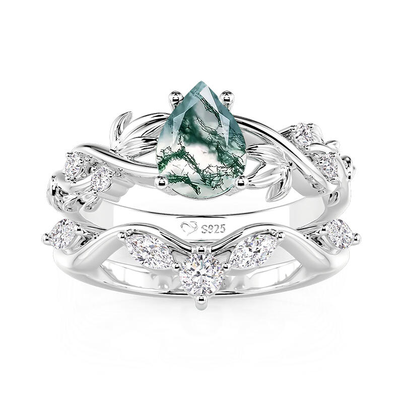 Jeulia Verflochtenes Blatt Birnenförmiger Moosachat Ringset