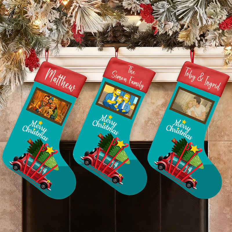Personliga julstrumpor med anpassade tecknade foton och namn julklappspåsar