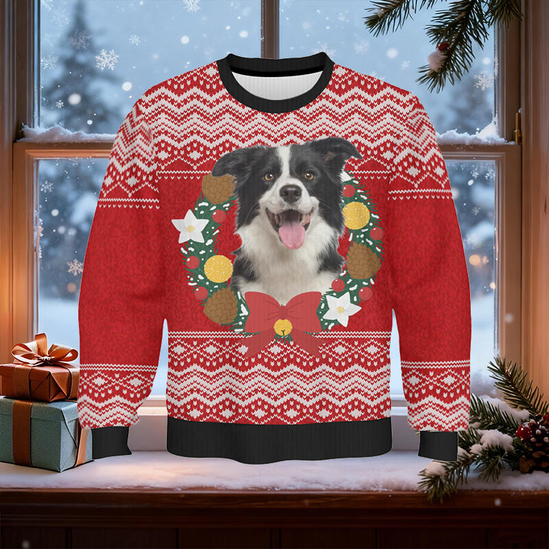 Personalized Ugly Sweater Unisex Custom Pet Head Photo Christmas Wreath Design Perfect Gift for Pet Lovers