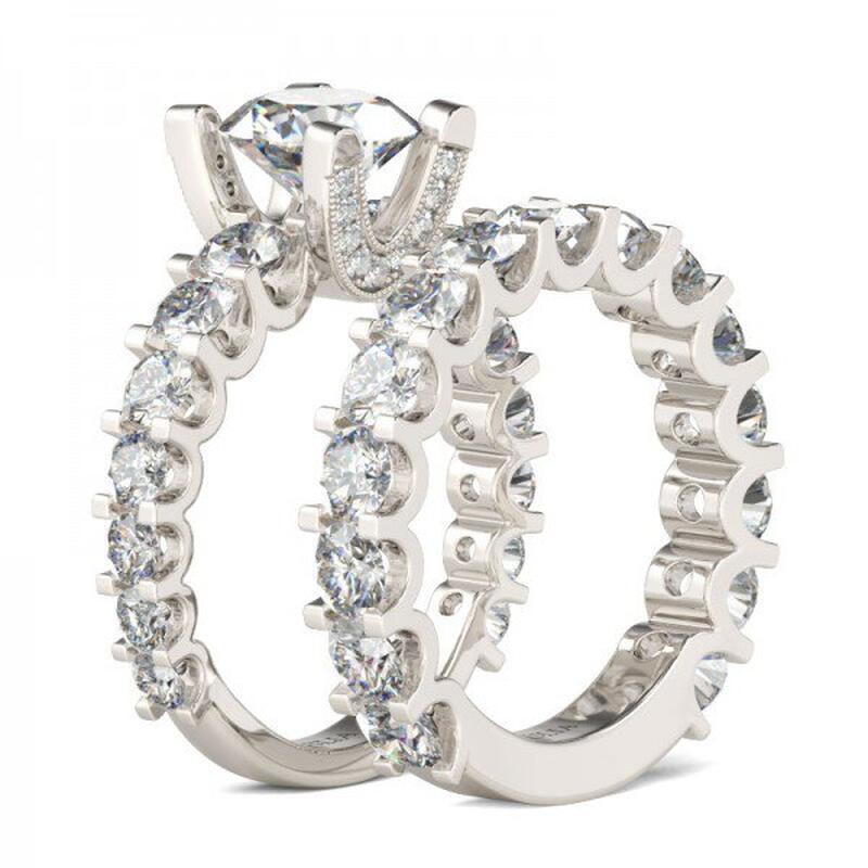 Jeulia Conjunto De Anillos Clásicos De Talla Redonda En Plata De Ley