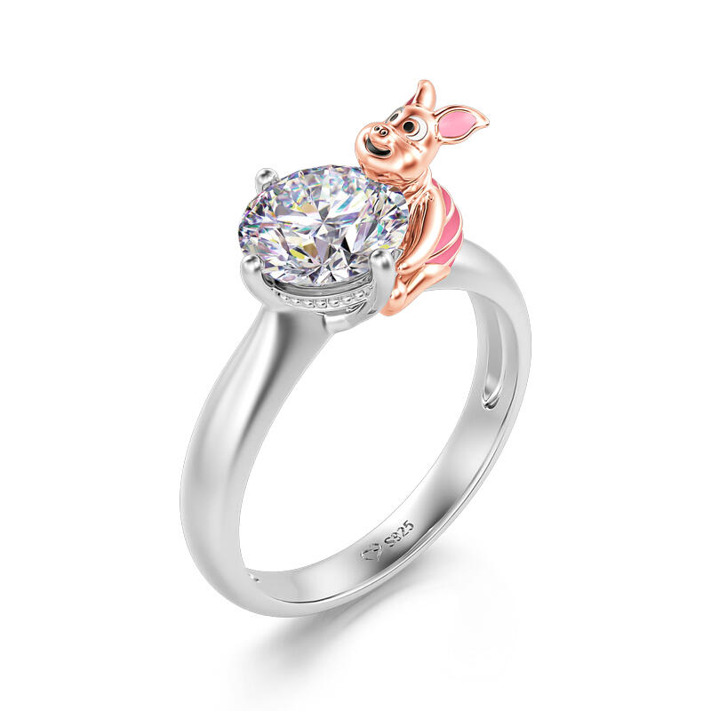 Jeulia Hug Me "Keep Innocence" Pink Pig Round Cut Sterling Silver Ring