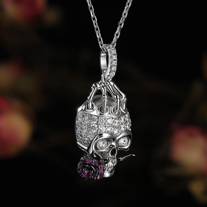 Jeulia "Forever Romance" Skull and Rose Flower Sterling Silver Necklace