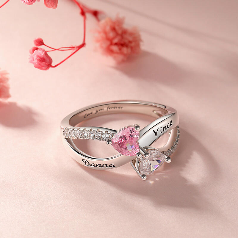Jeulia Bague Double Cœur Personnalisée avec Gravure de Pierre de Naissance et Bande Infinity Torsadée