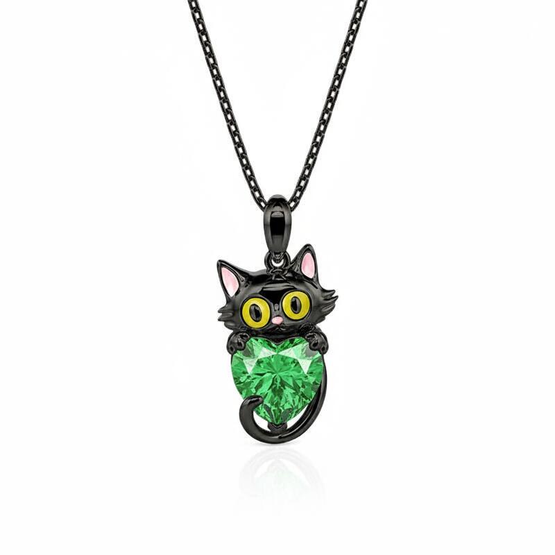 Jeulia Hug Me Custom Birthstone Black Cat Necklace