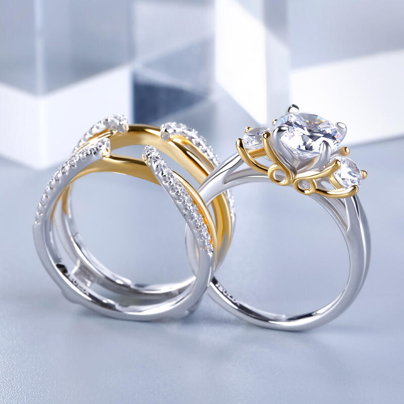 Jeulia Two Tone Three Stone Round Cut Sterling Silver Ring Set