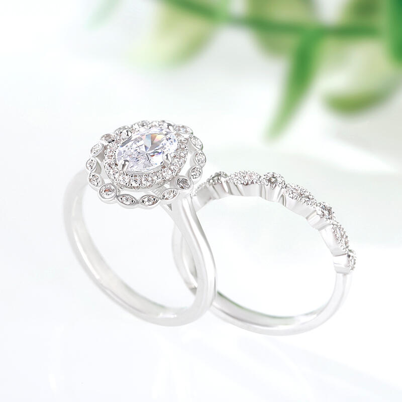 Jeulia Vintage Halo Oval Cut Sterling Silver Ring Set