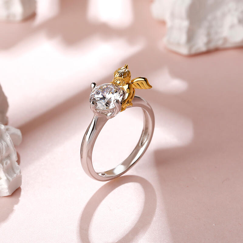 Jeulia anillo de compromiso de ángel con alas lindas de plata corte redondo