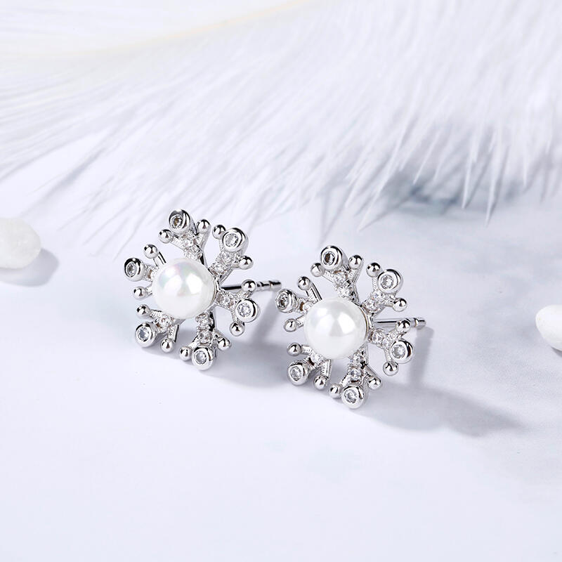 Jeulia Snowflake Cultured Pearl Sterling Silver Stud Earrings