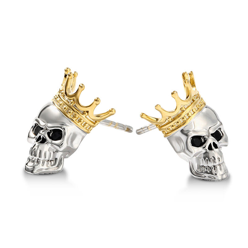 Jeulia Pendientes corona de calavera y huesos cruzados en plata de ley